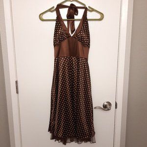 Brown with White Polka Dot Pin Up Style Halter Dress with Small Petticoat